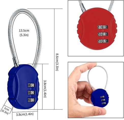 قفل مجمع مكون من 3 أرقام، سبائك الزنك، أسود/أزرق/أحمر/أصفر، بدون مفتاح، طول حبل 135 مم، قطر سلك فولاذي 2.5 مم in Kuwait