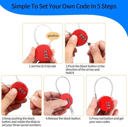 قفل مجمع مكون من 3 أرقام، سبائك الزنك، أسود/أزرق/أحمر/أصفر، بدون مفتاح، طول حبل 135 مم، قطر سلك فولاذي 2.5 مم in Kuwait