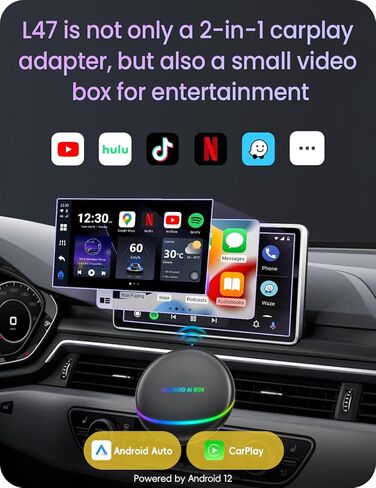 محول CarPlay AI Box اللاسلكي للملاحة المتكاملة، Android12، مخرج HDMI، 8+128G متوافق مع YouTube/Netflix/Hulu، شاشة مقسمة للشاشة، متوافق مع بطاقة SIM اللاسلكية CarPlay/Android Auto in Kuwait