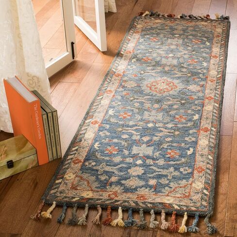SAFAVIEH Aspen Collection Area Rug - 6' x 9', Blue & Rust, Handmade Boho Braided Tassel Wool, Ideal for High Traffic Areas in Living Room, Bedroom (APN123A) in Saudi Arabia