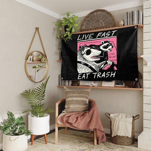 Generic Live Fast Eat Trash Tapestry Funny Banner College Dorm Poster، ديكور جدار المبنى السكني للمكتب، مع 4 حلقات نحاسية 3x5ft in Saudi Arabia