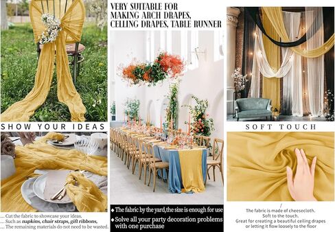 Gold Wedding Gauze Cheesecloth Fabric, 10 Yard Cheesecloth Arch Draping Ceiling Drape Table Runner Fabric, Gold DIY Cheesecloth for Table Runner Chair Sash Napkins Drape Wedding Decoration in Kuwait