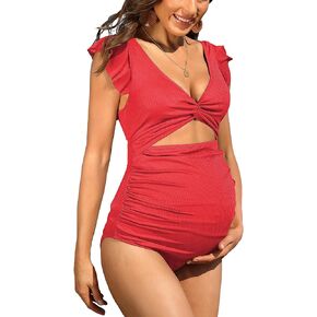 Charmo Ruffle Ribbed Maternity Swimsuit One Piece High Waisted Pregnancy Bathing Suits Push Up Swimwear