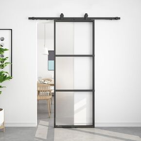 BARNSMITH 42in x 96in Frosted Glass Barn Door and 6FT Hardware kit Included, Soft Close Mechanism,Black Carbon Steel Tempered Frosted Glass Sliding Barn Door, Easy Assembly