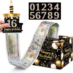 Meiidoshine Birthday Money Gift Box with DIY Stickers for Any Age, Surprise Money Boxes for Cash Gift with Pull Out Happy Birthday Day Card and 100Pcs Transparent Bags