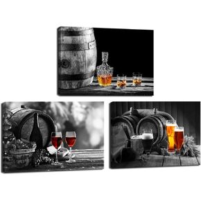 Nachic Wall - 3 Piece Kitchen Wall Art Whisky Beer Wine Pictures Canvas Prints for Dining Room Bar Decoration Still Life Painting Modern Western Wall Decor Framed Ready to Hang