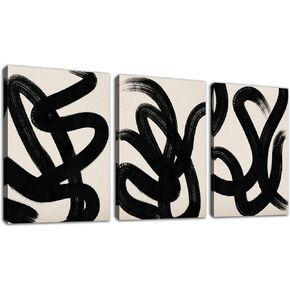 arteWOODS Wall Art Canvas Set Abstract Lines Pictures Modern Mid Century Boho Wall Decor Minimalist Abstract Black Stroke Lines Canvas Painting Artwork Living Room Bedroom Home Office 12"x16"x3