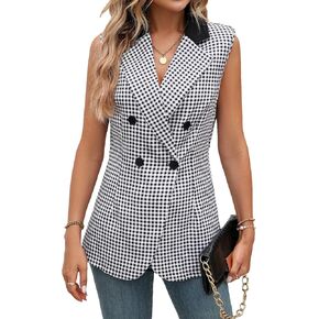 WDIRARA Women's Plaid Button Front Sleeveless Vest Blazer Gingham Jacket