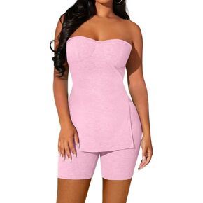Remelon 2 Piece Outfits for Women Summer Sleeveless Side Split Crop Tops Bodycon Biker Shorts Sets Casual Tracksuits