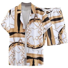 Floerns Men's 2 Piece Graphic Print Collared V Neck Blouse Elastic Waist Shorts Set