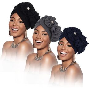 Urieo Women Turban Flower Cap African Headwrap Hat Elastic Beanie Head Warp Pack of 3