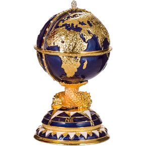 Faberge style Egg/Trinket Jewel Box The Globe with Ship 5.8'' (14.5 cm) blue