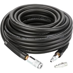 Hromee Air Compressor Hose 3/8 Inch x 50 Feet Hybrid Hose with Fittings, 1/4" Industrial Universal Quick Coupler and 2PCS I/M Plug Kit, Black
