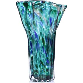 XMGZQ Teal Vases for Centerpieces,Hand Blow Teal Blue Glass Vase,Small Turquoise Vase Decorative,Flower Vase Stained Glass,for Bookshelf,Dinner Table,Indoor Office Desktop,Bathroom,Countertop