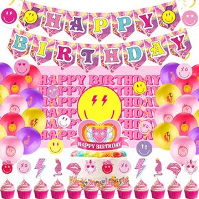 111 Pcs Preppy Style Pink Party Supplies Set Pink Happy Birthday Banner Balloon Stickers Toppers for Preppy Smile Happy Face Birthday Party Decoration