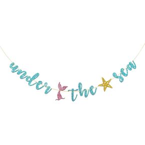 Under the Sea Banner, Mermaid Theme Birthday Banner, Girl Birthday Ocean Party Decorations Supplies, Blue Glitter