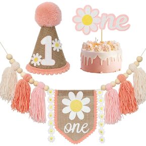 Handmade Boho 1st Birthday High Chair Banner Boho 1st Birthday Hat Decorations Party For Girl Baby Shower Wall Hangings Decorative For Kids Bedroom Daisy Birthday Hat