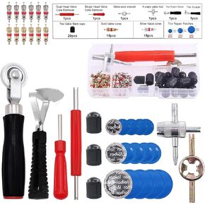 71Pcs Valve Stem Removal Tool, Tire Patch Repair Kit, Tire Patch Roller, Liner Scraper, Rubber Repair Patches, Black Tire Valve Caps, Valve Core, 4-Way Valve Tool, Valve Core Wrench