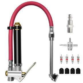 MEANLIN MEASURE Red Heavy Duty Tire Inflator with 120PSI Pressure Gauge, 15" Hose Dual Head Chuck and Tire Valve Tools for Truck Motorcycle Bicycle