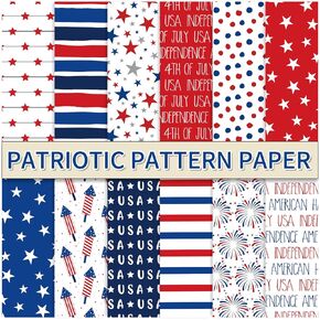 Whaline 60 Sheets Patriotic Pattern Paper Star Stripe Fireworks Scrapbook Specialty Paper 4th of July Double Sided Craft Paper For Independence Day DIY Card Making Photo Album Decor, 5.5 x 8.3 Inch