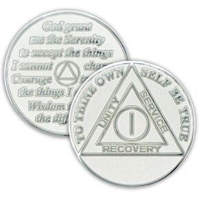1 Year Sobriety Coin AA Chip Medallion Alcoholics Anonymous Silver Plated Sober Anniversary Recovery Token with Serenity Prayer on Back