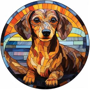 5D Diamond Art Painting Kits Stained Glass Brown Dachshund Circle Shape Full Drill Round Beads Diamond Art Gems Painting by Number Kits Dog Memorial Wall Decoration 16x16inch(1)