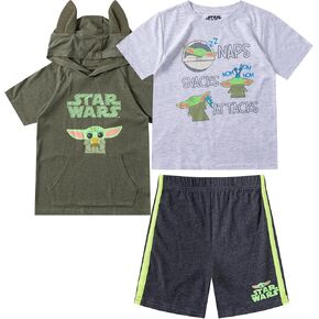 STAR WARS Boys’ Baby Yoda Hooded T-Shirt, T-Shirt and Short Set for Toddler and Little Kids – Green/Grey