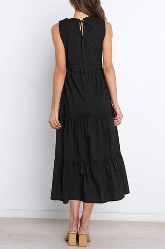 فستان ZESICA نسائي صيفي 2023 كاجوال بدون أكمام وفتحة رقبة دائرية وخصر عالٍ ومتدفق ومتدرج على شكل حرف A متوسط ​​الطول in Kuwait