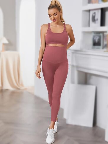 Floerns Women's Maternity 2 Piece Outfit Scoop Neck Crop Tank Top Legging Set in Saudi Arabia