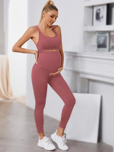 Floerns Women's Maternity 2 Piece Outfit Scoop Neck Crop Tank Top Legging Set in Saudi Arabia