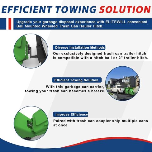 ELITEWILL سلة المهملات ذات العجلات، يمكن نقل سلة المهملات على شكل كرة، حامل سلة القمامة مناسب لشاحنة السيارات والسيارات الدفع الرباعي وعربة الجولف ATV UTV مع كرة وصلة أو وصلة مقطورة 2 بوصة in Kuwait