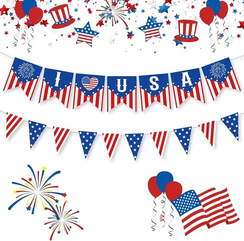 I Love USA Bunting Banner 4th of July Decorations, Pre-Assemble American Flag Fourth of July Banners Decoration, Red White and Blue Patriotic Sign for July 4th Independence Day, Memorial Day Decor in Saudi Arabia
