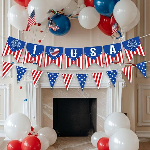 I Love USA Bunting Banner 4th of July Decorations, Pre-Assemble American Flag Fourth of July Banners Decoration, Red White and Blue Patriotic Sign for July 4th Independence Day, Memorial Day Decor in Saudi Arabia
