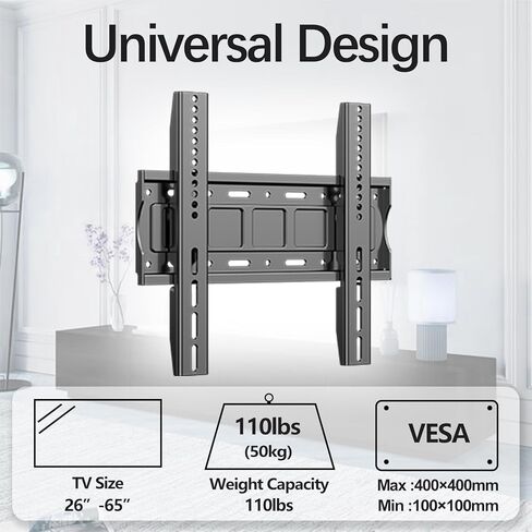 حامل جداري منخفض مثبت لشاشات تلفزيون مسطحة LED LCD OLED مقاس 26-65 بوصة، حامل تثبيت على الحائط للتلفزيون الثابت مع الحد الأقصى VESA 400 × 400 مم يحمل ما يصل إلى 110 رطل، حامل تلفزيون نحيف للغاية وموفر للمساحة in Kuwait