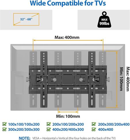 Tilting TV Wall Mount for Most 32-68 Inch TVs,Wall Mount TV Bracket Max VESA 400x400mm, Holds up to 99 lbs, Fits 8''-16'' Studs,Design with Universal Bracket & Easy Install in Kuwait