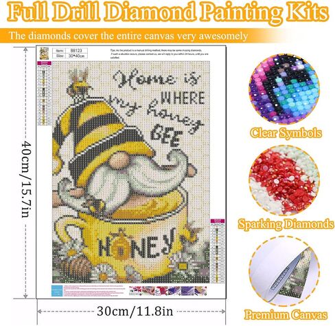 UMOART Gnome Diamond Painting Kits - Honey Bee Diamond Art Painting Kits for Adults Kids, Round Diamond Dots Gnome Painting Kits Gifts, Full Drill Diamond Painting 30x40cm for Home Decor in Saudi Arabia