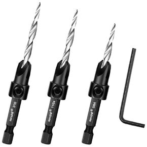 Wood Countersink Drill Bit Set #6#8#10-3Pcs HSS M2 Tapered Drill Bits with Quick Change 1/4" Hex Shank, Allen Wrench - Countersink Drill Bit for Woodworking, Pilot Screw Hole Set