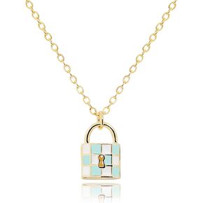 Enamel Lock Necklace for Women • 14K Gold Plated Stainless Steel Non-Tarnish Jewelry • Mint Green Blue Checkerboard Padlock Pendant Charm Dainty Jewelry for Girls [LN-MG]