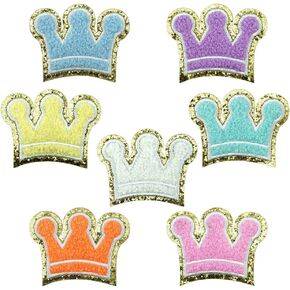 7 PCS Crown Patch Cute Chenille Patches Glitter Golden Edges Iron On Patch Sew On Embroidery Patches for Clothes DIY Craft