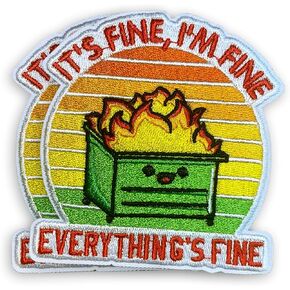 (Pack of 2Pcs) I'm Fine It's Fine Everything is Fine Embroidered Patch, Inpsirational Motivational Gifts, Dumpster Fire Decorations, Funny Dumpster Fire Embroidered Iron-on Patch- 3.5 Inch