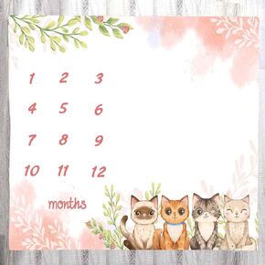 Baby Monthly Milestone Blanket for Girls, Spring Pink Cartoon Animal Cat Baby Growth Chart Age Blanket Baby Memory Blanket, 48x40 Inch Baby Swaddle Blanket Nurse Receiving Blanket BTXTLY18