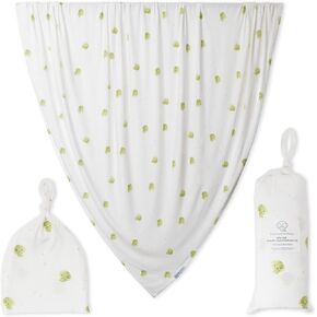 Unisex Swaddle Blanket | Large Premium Knit Viscose Made from Bamboo | Infant Wrap, Receiving Blanket & Beanie Set | Baby Shower Newborn Gift, Registry - Basil