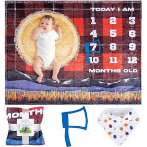 SUKOON Woodland Milestone Blanket for Baby Boy/Girl | Large - 47L x 40W | includes Lumber Jack Themed Marker and Bib | Personalized Baby Month Blanket for Newborn Baby Shower