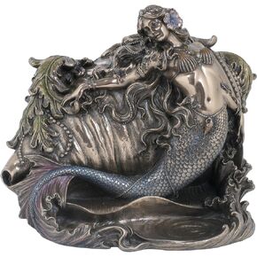 Mermaid and Conch Trinket Box, Bronze Powder Cast Statue 7.5-in