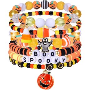 Halloween Bracelets Beaded Pumpkin Candy Corn Spider Ghost Charms Bracelets BOO Happy Halloween Stretch Bracelets Set Holiday Jewelry Gift