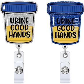 2P Urine Good Hands Retractable Badge Reel Blue ID Clip Name Tag Card Funny Urine Specimen Gift for Nurses Doctor Urology Dialysis Tech Urologist Nephrology