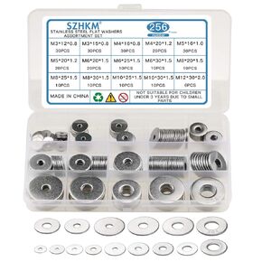 256PCS 15 Sizes Large Fender Washer Assortment Kit, 304 Stainless Steel (M3 M4 M5 M6 M8 M10 M12) Flat Washers