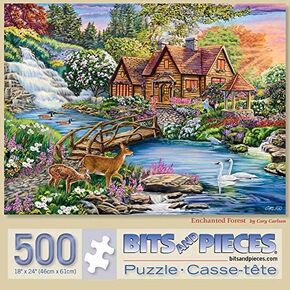Bits and Pieces - 500 Piece Jigsaw Puzzle for Adults 18" x 24" - Enchanted Forest - 500 pc Woodland Cottage, Nature Animals, Waterfall Stream Jigsaw by Artist Cory Carlson