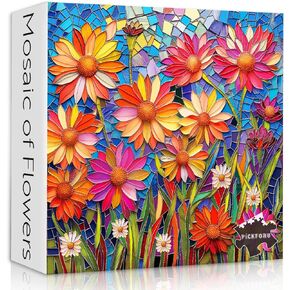 Flower Puzzles for Adults 1000 Pieces, Mosaic Floral Puzzles Art, Stained Glass Puzzle Garden, Colorful Impossible Hard Challenging Puzzles Jigsaw for Adults