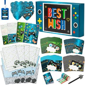 CY2SIDE 78PCS Video Game Stationery Set Stationery Paper with Line Letter Paper and Envelopes Set for Kids Boys VIP Pass Holder Ticket Set Gaming Mini Notepads Greeting Cards Stickers and Pen Gifts
